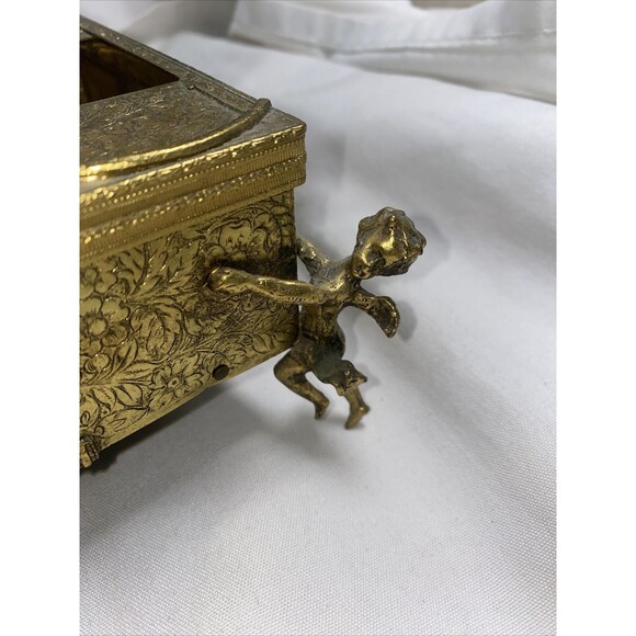 Vintage Gold Metal Brass floral Filigree cherub Angel Regency Tissue Box Holder - Picture 5 of 16